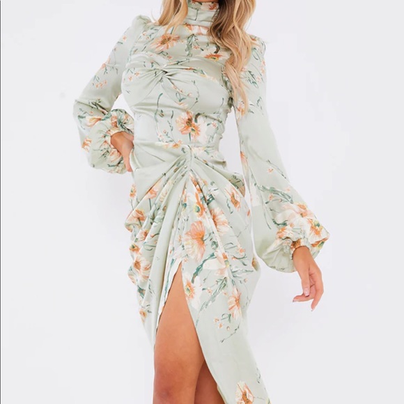PrettyLittleThing | Dresses | Sage Stunning Green Floral Twist Bust Draped  Midi Dress | Poshmark